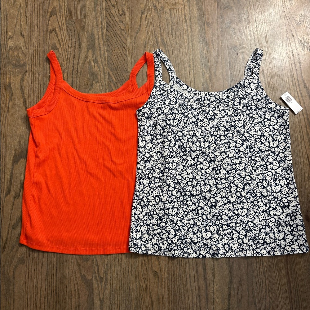 NWT Old Navy Women's Orange & Floral Navy White Tank Tops - 2 Pack
